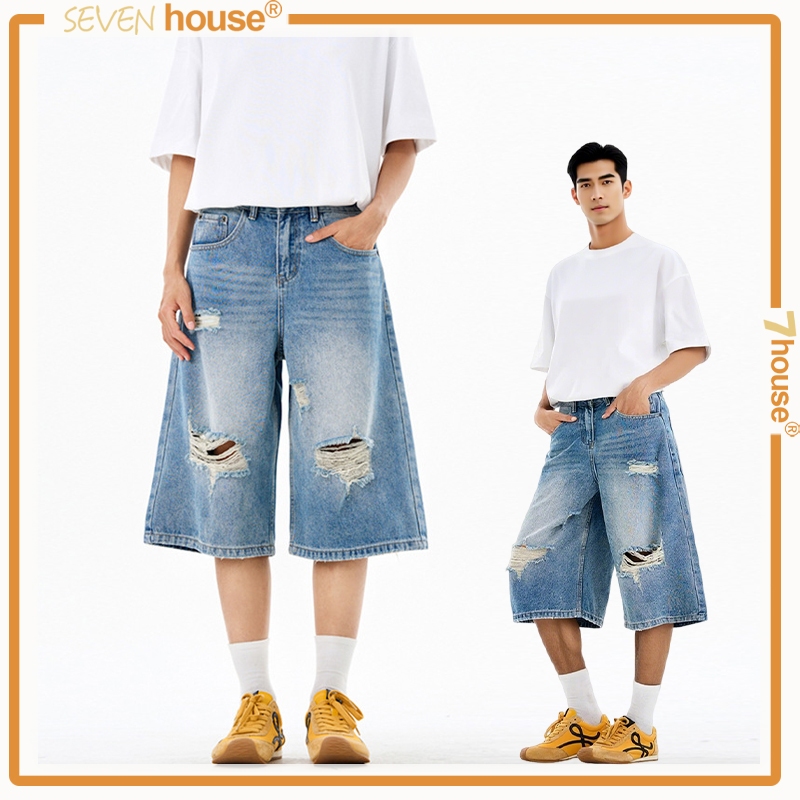 กางเกงยีนส์สามส่วน ทรงหลวม jorts jeans เหมาะสำหรับผู้ชายและผู้หญิงทุกคน ขาดเข่า แนวสตรีท