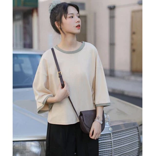 เสื้อครอปสาวอวบอ้วนไซส์ใหญ่ สีพื้น oversize เสื้อผ้าแฟชั่นวัยรุ่นน่ารัก เสื้อยืดสวยๆผู้หญิงฤดูร้อนใหม่ แขนห้าส่วน สีทู