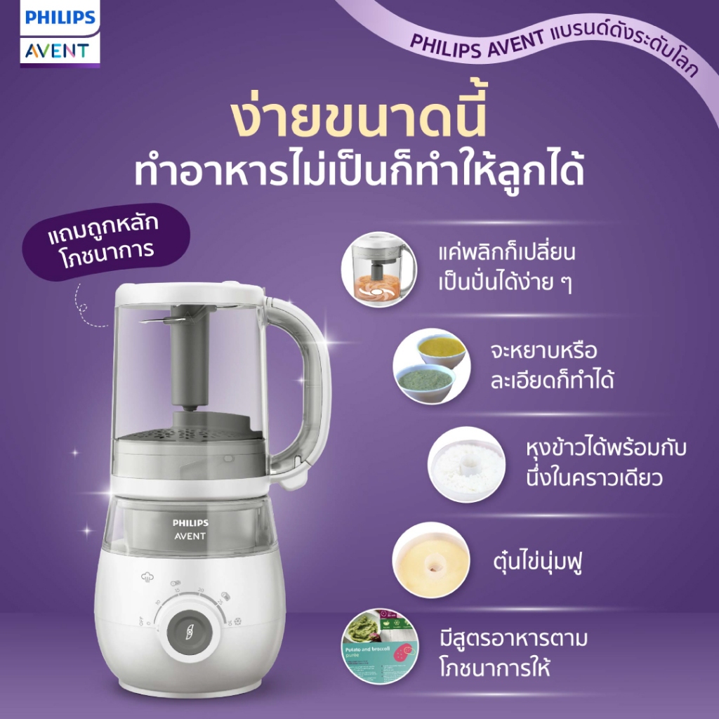 ทำง่าย ได้สารอาหารครบ Philips Avent เครื่องนึ่ง+ปั่น 5in1  นึ่ง หุง ปั่น ละลายน้ำแข็งในหนึ่ง มีมอก.