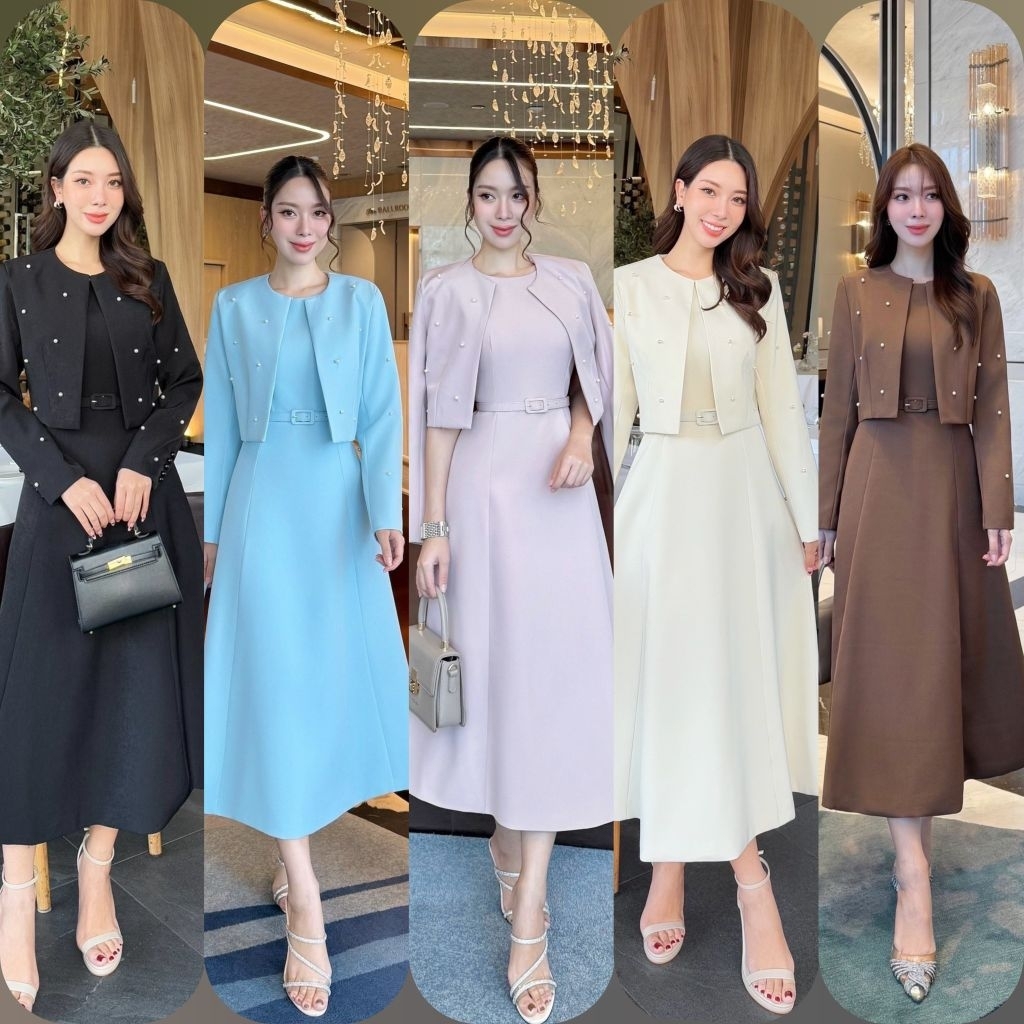 Charissa ● พร้อมส่งสีดำ /ชุดเซ็ต3ชิ้นเดรส+ครอป+เข็มขัด