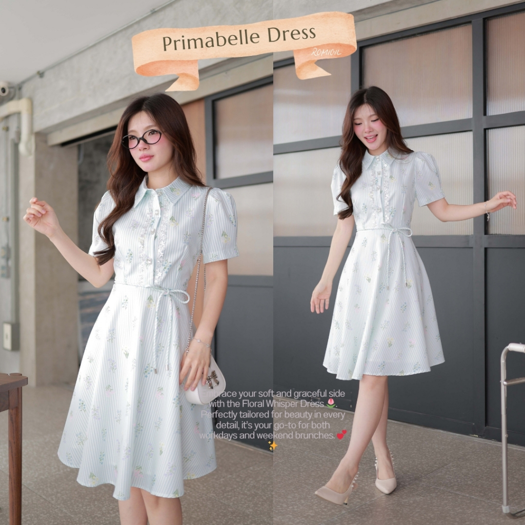"Romi"Oil" Primabelle Dress (Blue) K266 ชุดเดรสสีฟ้า (คอปกกระดุมเพชรมีเชือกผูกเอว)