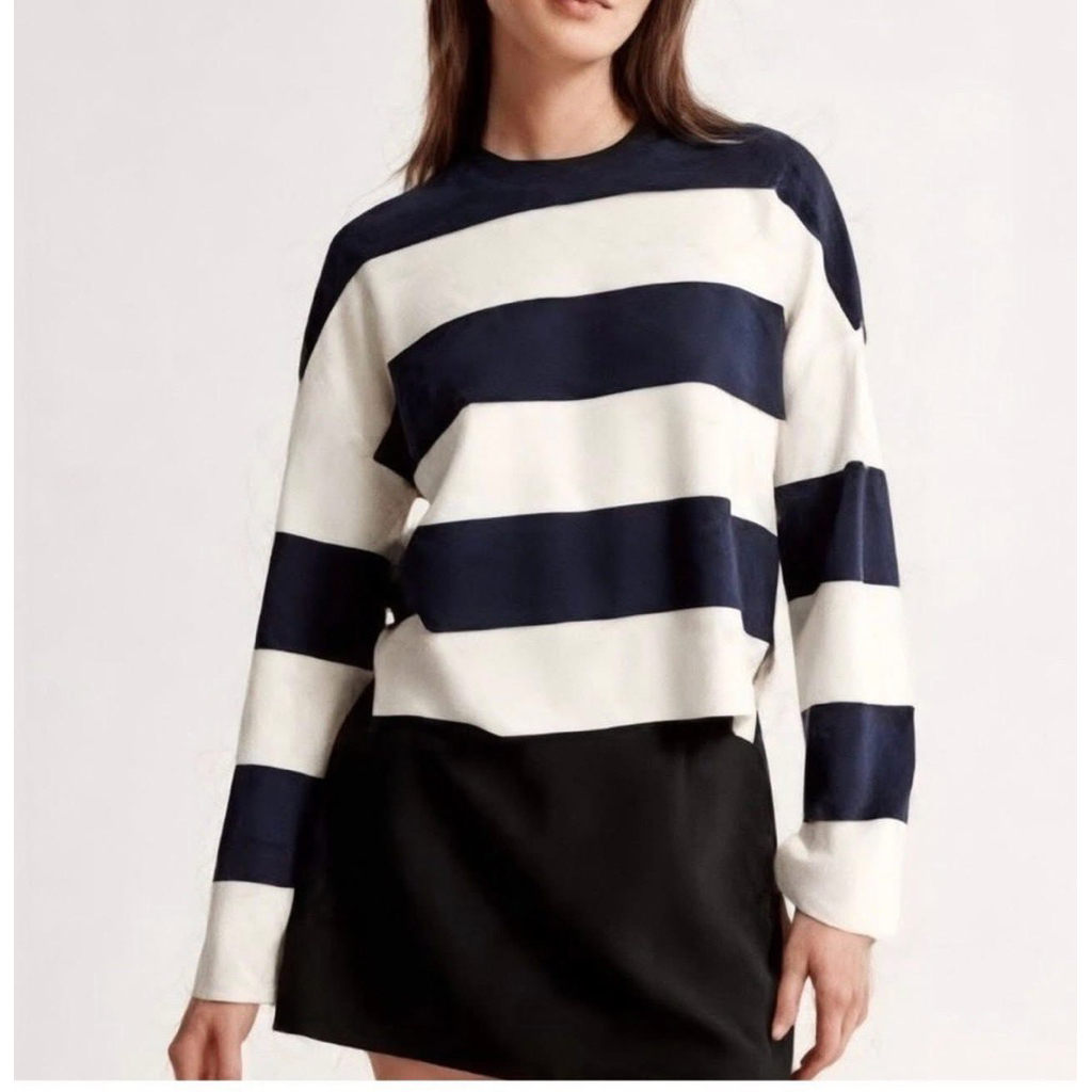 Abercrombie & Fitch LuxeLoft Crew Sweater Navy White Rugby Stripe