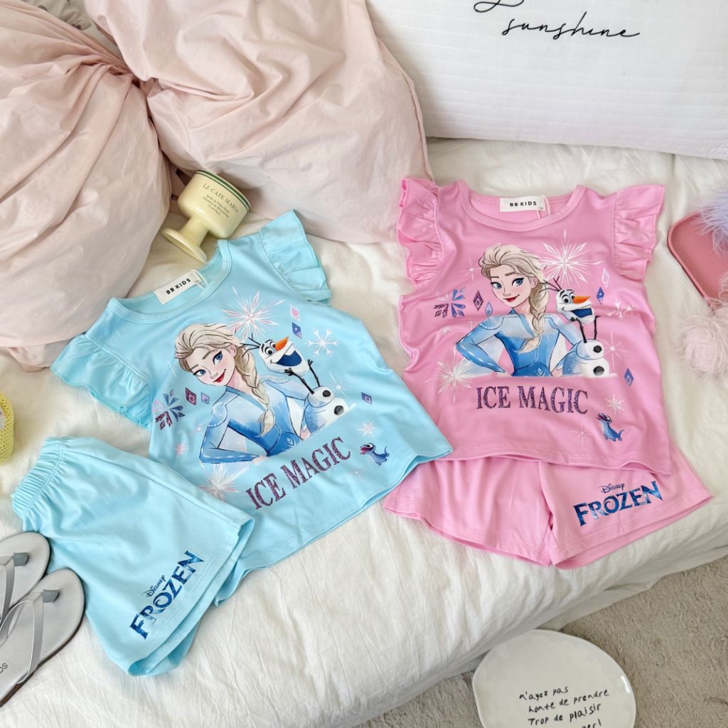 พร้อมส่งในไทย🇹🇭ชุดเซ็ตเอลซ่าขาสั้น/งานพิมพ์ลาย/ผ้าcottonนิ่ม/ป้ายBB kids/ถ่ายจากงานจริงค่ะ