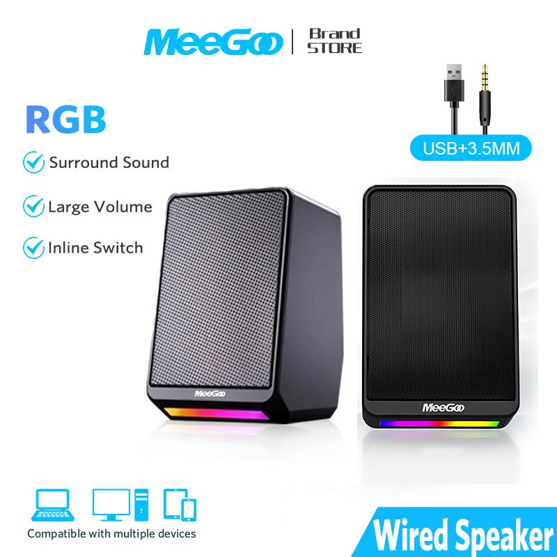 MEEGOO สำหรับคอมพิวเตอร์ ลำโพงพกพา Speaker เสียงดี สเตอริโอ 3D พร้อมไฟ LED ไฟRGB 3W *2(RMS)