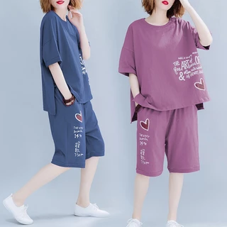 Swan shop ชุดเซ็ตลำลองผู้หญิง เสื้อยืด+กางเกงขาสั้น ลายตัวอักษรพร้อมรูปหัวใจ ใส่สบาย