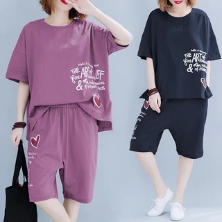 Swan shop ชุดเซ็ตลำลองผู้หญิง เสื้อยืด+กางเกงขาสั้น ลายตัวอักษรพร้อมรูปหัวใจ ใส่สบาย