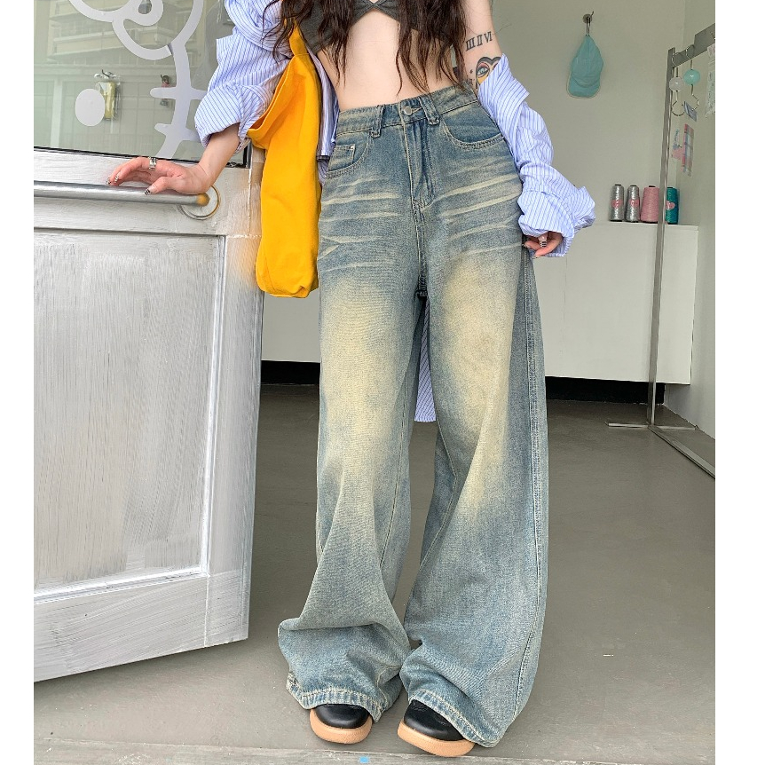 กางเกงยีนส์ผู้หญิงทรงกระบอก กางเกงเอวสูง สไตล์วินเทจ ยืดได้ดได้ ฟอกน้ำ ทรงหลวม #010132 - รูปที่ 6