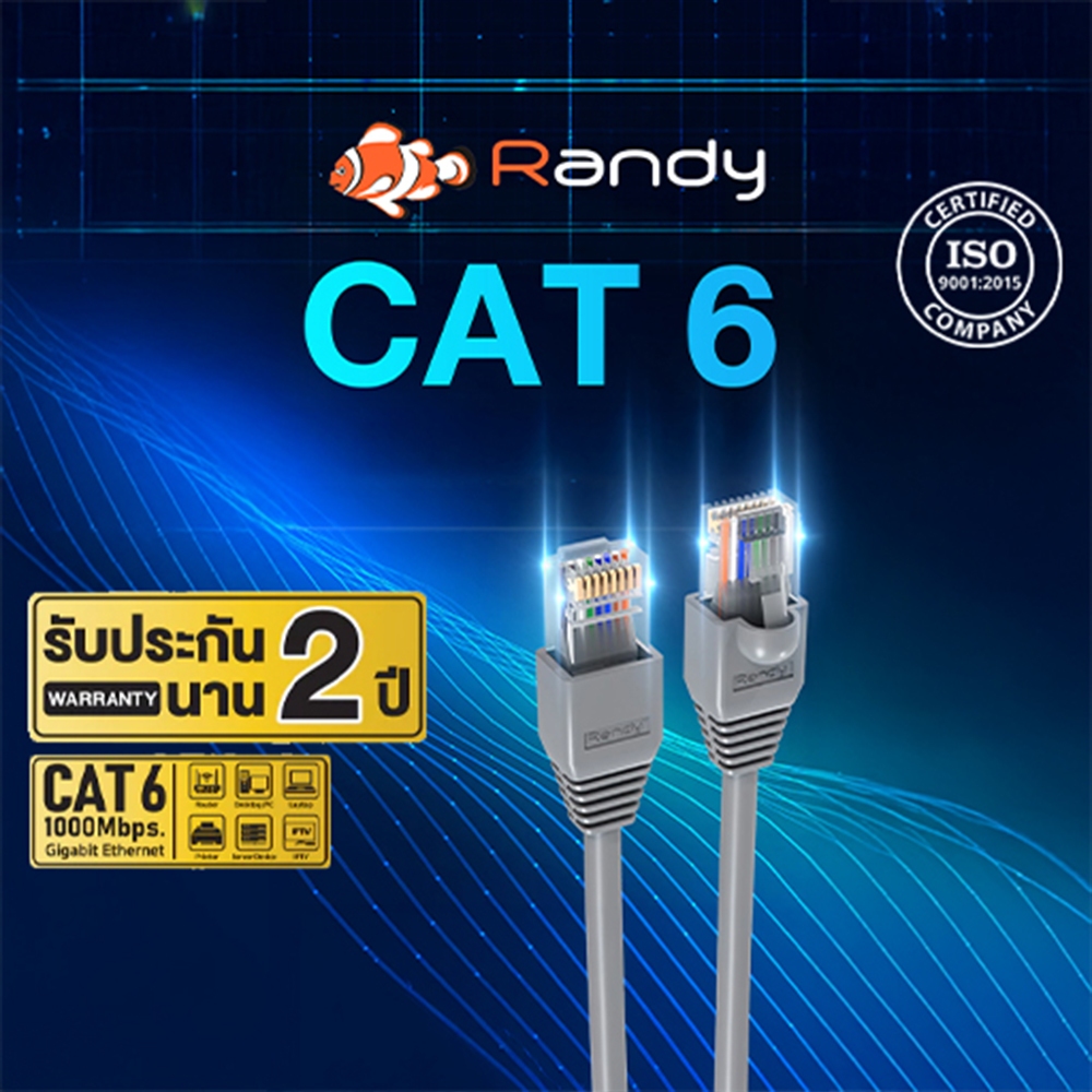Randy สายแลน CAT6 CCA คุณภาพสูง พร้อมหัวRJ45 ยาวเต็มเมตร อินเทอร์เน็ตแรงWiFi 6 & 1Gbps เต็มสปีด คุ้ม