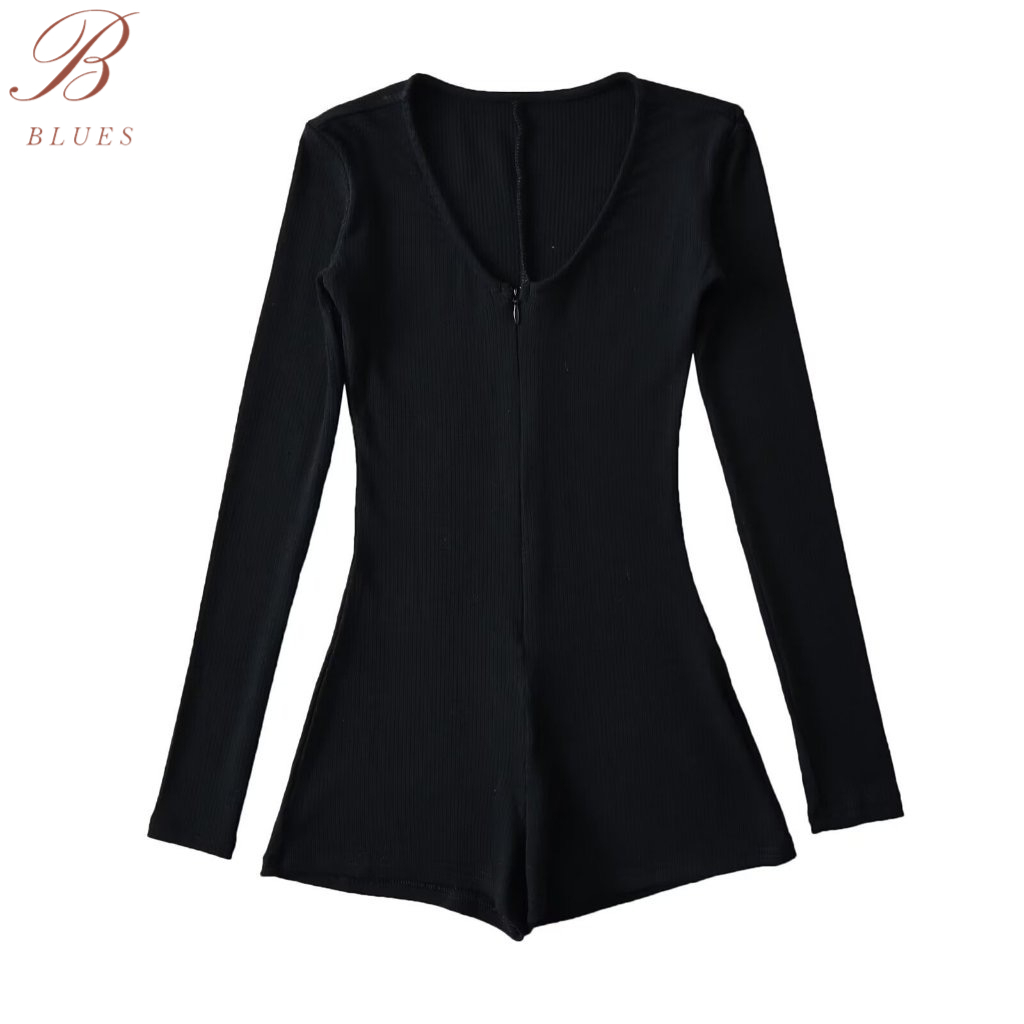 B BLUES บอดี้สูทแขนยาวขาสั้น ซิปหน้า ผ้าไหมพรมร่อง ชุดโยคะ ชุดออกกำลังกายผู้หญิง ชุดฟิตเนส เนื้อผ้าพรีเมียม กระชับหุ่น