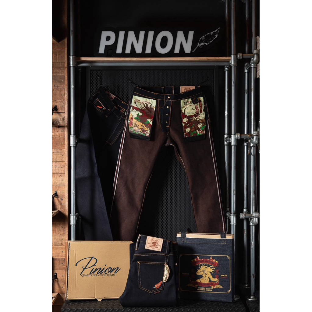 Pinion Denim 24oz BYOkayama Denim Newอสูรแดงส้มอิฐ (Indigo XOrange brick 24oz)กะบอกเล็กslim,กะบอกตรงstraight