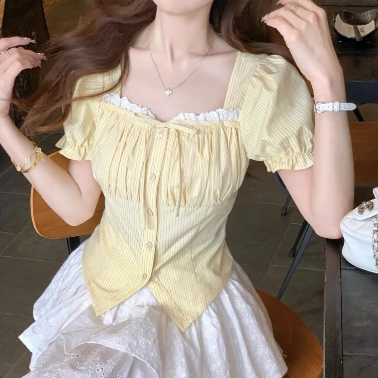 SIAM CURATEDเสื้อเชิ้ตลายทางสไตล์ฝรั่งเศส ✨คอเหลี่ยม สีเหลือง（จัดส่งภายใน24ชม）