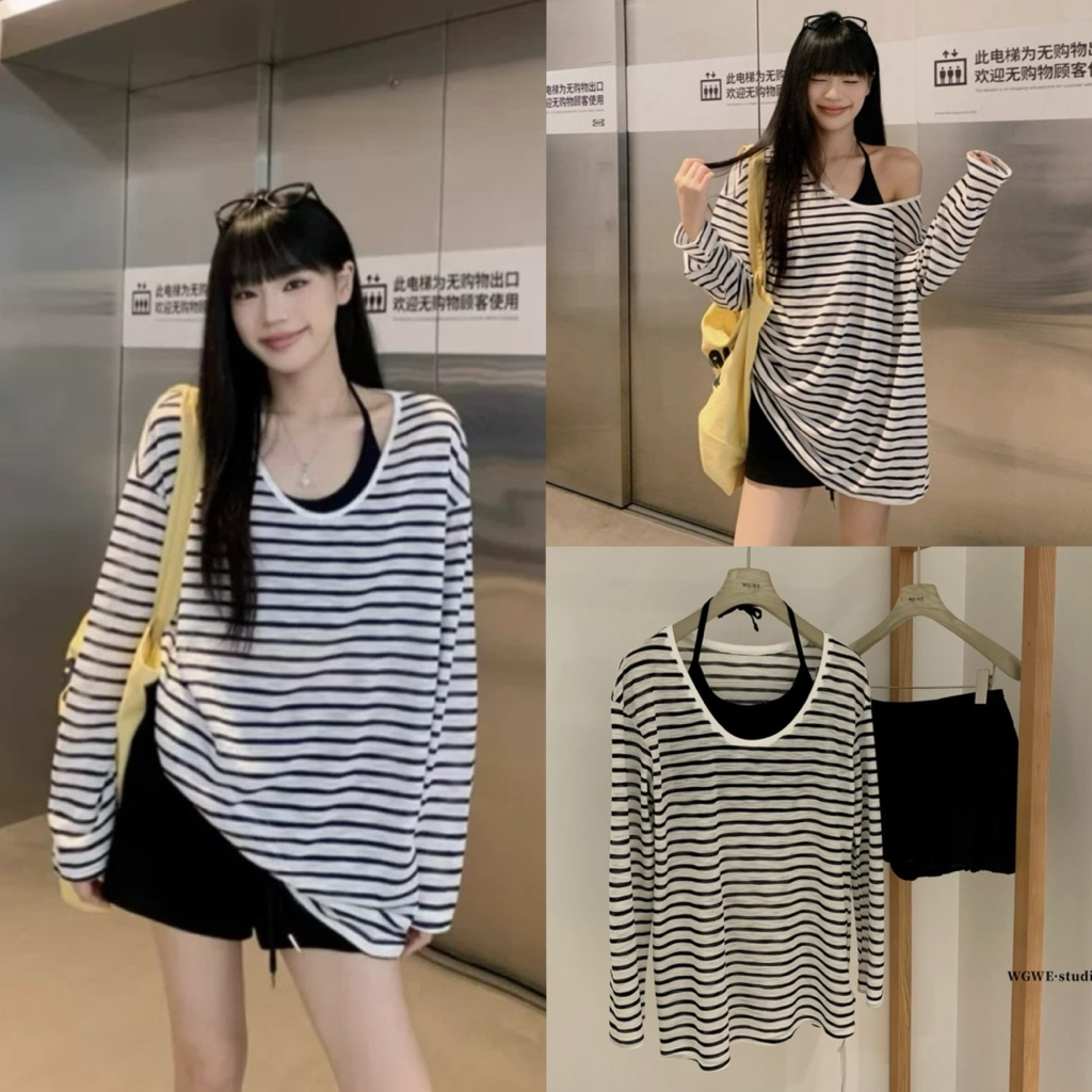 6599# Set 2 pcs เสื้อแขนยาวคอกว้าง ลายริ้ว + เสื้อผูกคอ เนื้อผ้ายืดหยุ่นได้เยอะ TAG:WG.WE 🇰🇷