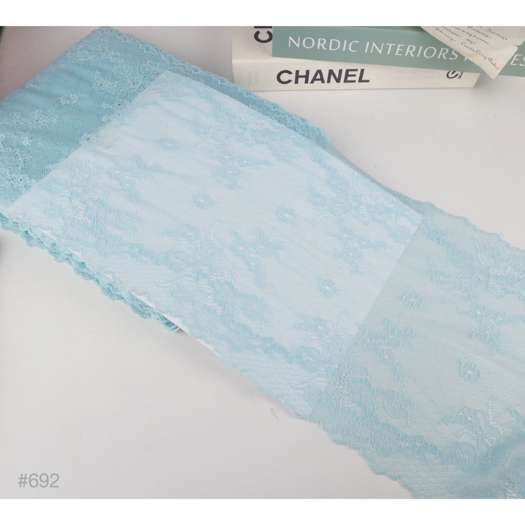 (ลายใหม่) ชุด4 ลูกไม้ผ้าไนล่อน  สีฟ้า💙 หน้าผ้ากว้าง 6นิ้ว-9นิ้ว (✂️ตัดขายเป็นหลา) #692 1106 2012 3122 3124 3126 3133