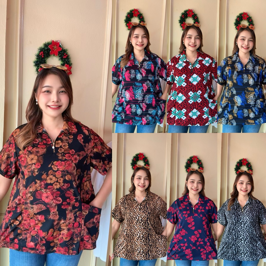 PS11 เสื้อคอปก โปโลสาวอวบ ดีเทลซิปหน้าแต่งไข่มุก มีกระเป๋า2ข้าง Clothing Women