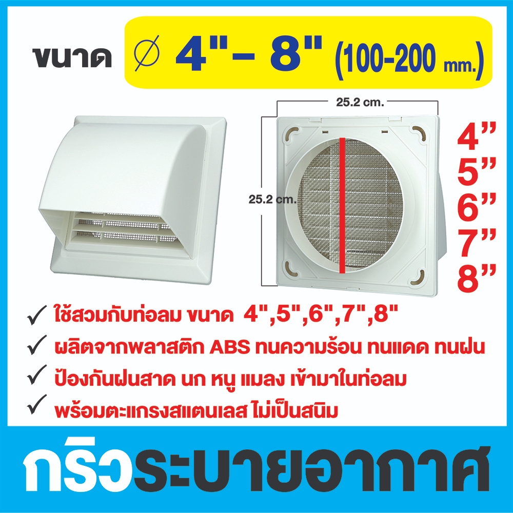 หน้ากากระบายอากาศ (แบบกันฝนสาด) ใช้เชื่อมต่อท่อ ขนาด 4 -8 นิ้ว สีขาว/สีเทาเข้ม (รุ่น KPF)