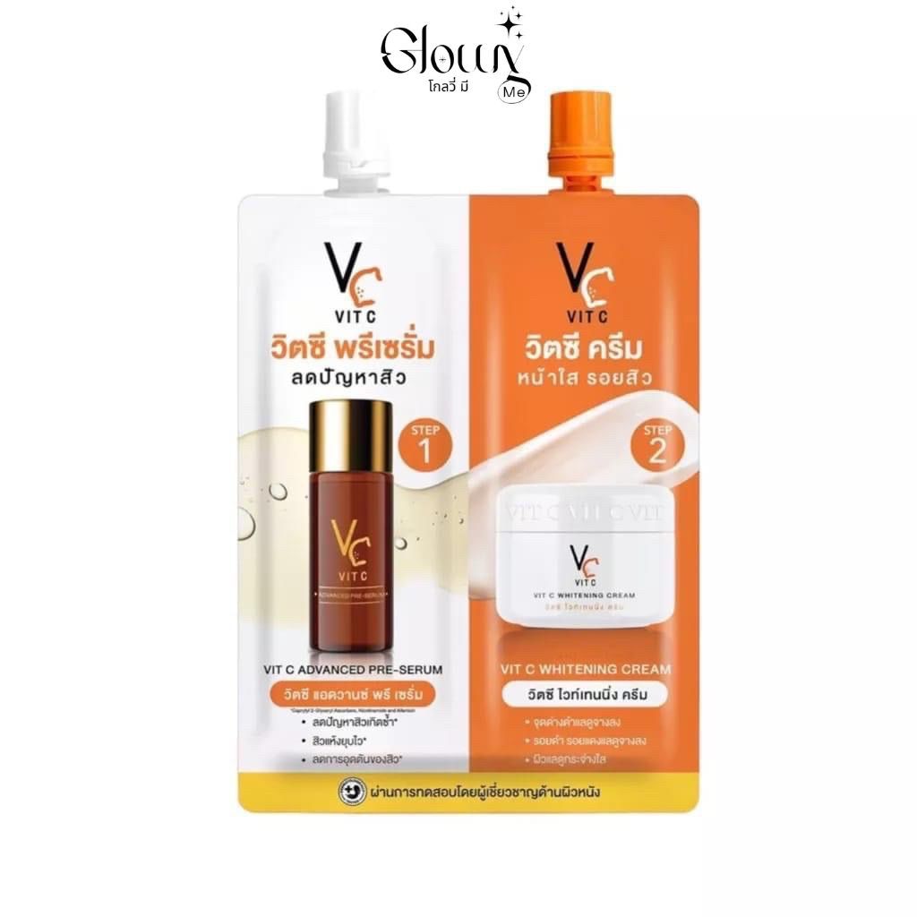 (กล่องx6) ดับเบิ้ลวิตซี 2 STEP วิตซีน้องฉัตร VC Vit C Bio Face Advanced Pre-Serum + Whitening Cream 4+4 g.