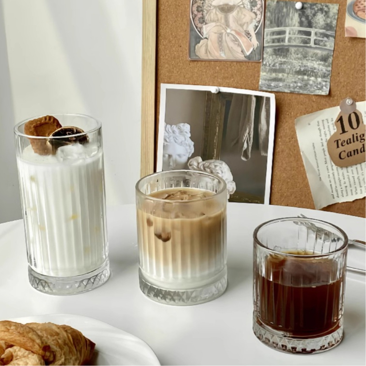 แก้วลายเรียบง่าย แก้วใสลายตรงทนความร้อน สีโปร่งใส แบบเรียบง่าย200/270/356/450ml