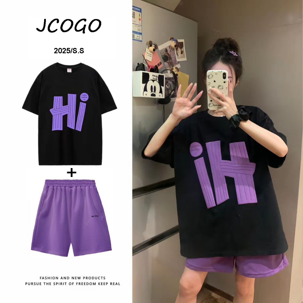 เสื้อแขนสั้นสกรีนลาย+กางเกงขากว้าง สไตล์​เกาหลี มินิมอล ผ้านิ่ม ชุดเซ็ต2ชิ้น เเขนสั้น-ขาสั้น ใส่สบาย เหมาะสำหรับสาวอวบใส