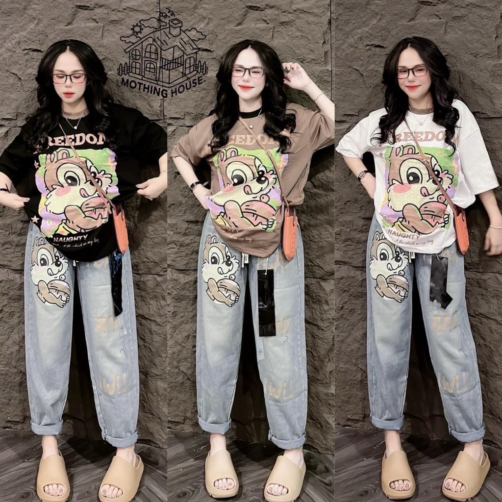 ชุดเซ็ท 2ชิ้น ลายการ์ตูน กระรอก3สี (กางเกงผ้ายีนส์เทียม)