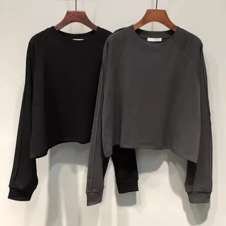 เสื้อครอปแขนยาวไซส์ใหญ่ สีพื้น oversize เสื้อผ้าสาวอวบมินิมอลทรงหลวมสไตล์เกาหลี เสื้อยืดสวยผู้หญิงแฟชั่นญี่ปุ่นมาใหม่