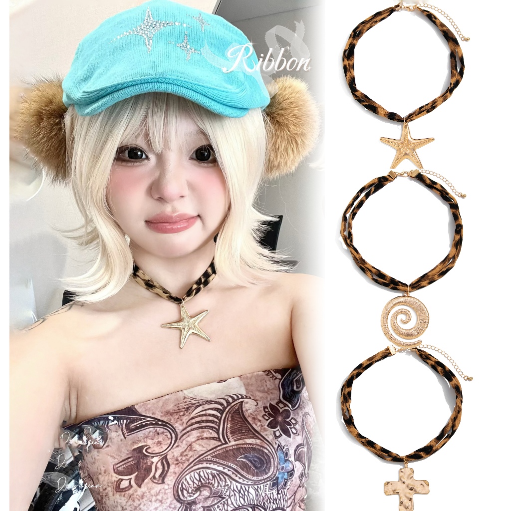RibbonIsland🌵สร้อยคอ necklace y2k สำหรับผู้หญิง ฮิปฮอป หัวใจ ปลาดาว ใส่ไปทะเล สไตล์วินเทจ star เสริมดวง พร้อมส่ง