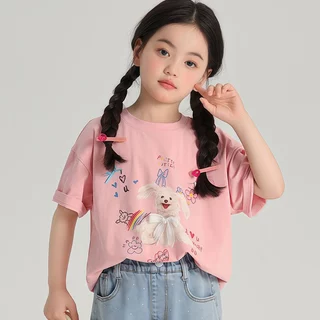 PRINCESS KESLI เสื้อยืดเด็ก แขนสั้น เสื้อยืดมินมอลเด็กผู้หญิง 2025 เสื้อยืดแขนสั้นสำหรับเด็กสบายและนุ่ม