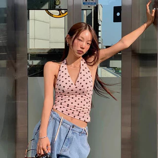 Rita พร้อมส่ง🍒ลายโพกาดอท เสื้อคล้องคอ เสื้อครอป และเปิดหลัง คอวีลึก ผูกคอ ดูแพง เซ็กซี่แฟชั่นผู้หญิง ทรงเข้ารูป จับจีบ