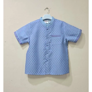 C006 เสื้อคอจีนผู้ชาย ชุดไทยเด็กผู้ชาย แขนสั้น ฟ้าลายไทยสง่า งานบวช สีฟ้า พ่อลูก