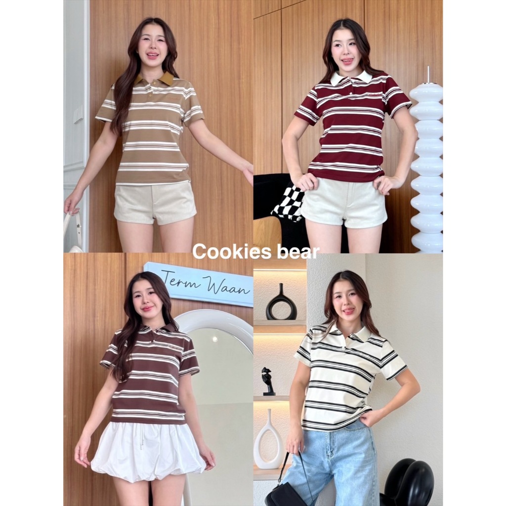 เสื้อเชิ้ตคอปก โปโลแขนสั้นผ้ายืดลายริ้วเนื้อผ้าหนาเกรดพรีเมียม งานปัก Cookie Bear