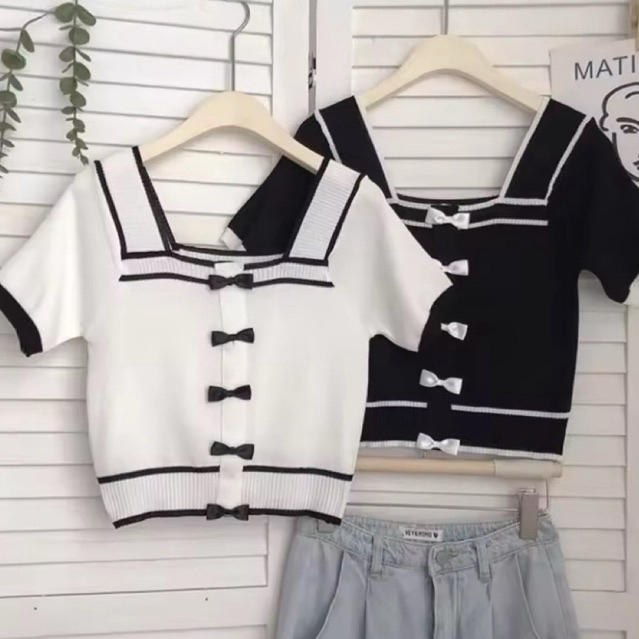 เสื้อครอปไหมพรม ดีเทลติดโบว์ ป้าย parista