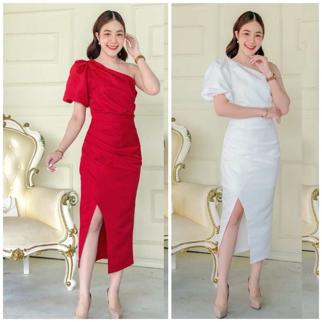 LX2103  ไหล่เดี่ยว แขนพอง กระโปรงสอบ ชุดไปงานแต่ง ชุดออกงาน เดรสเพื่อนเจ้าสาว [LUXURY707]