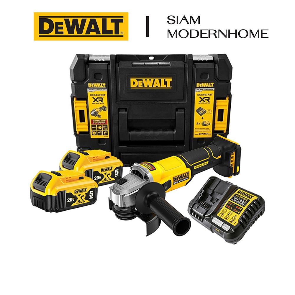 DEWALT ชุดเครื่องเจียร์ไร้สาย (ไร้แปรงถ่าน) 20V สวิทซ์แบบสไลด์ รุ่น DCG407P2T-B1
