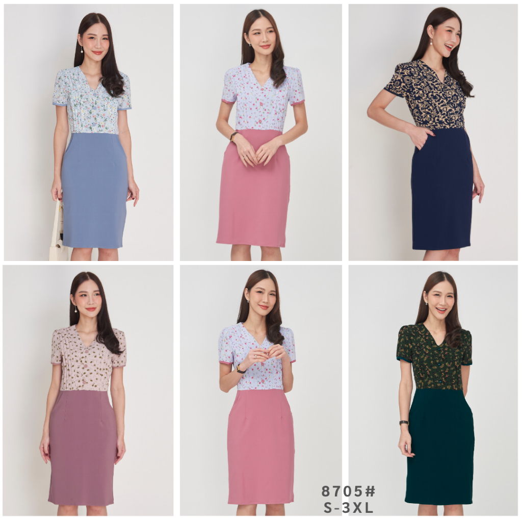 Laboratory 8705# เดรสคอวีพิมพ์ลาย แมทช์กระโปรงสอบสีพื้นมีไซส์ S-3XL