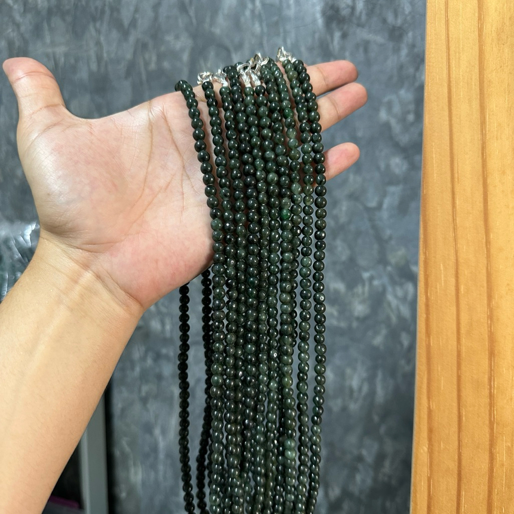 6JA.N-GR สร้อยคอหยกพม่า เขียวเข้ม ขนาดเม็ด 6-7มิล ยาว 22-23นิ้ว โดยประมาณ หยกแท้ หยกพม่า ตะข้อกล้ามป