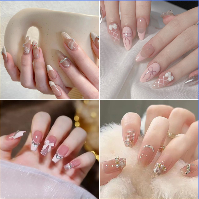 2025 ใหม่ล่าสุด เล็บแฟชั่น เล็บปลอม ชนิดอะคริลิค เล็บปลอม 3D สไตล์โมเดิร์น ใช้งานง่าย 24 ชิ้น ฟรีสติกเกอร์กา