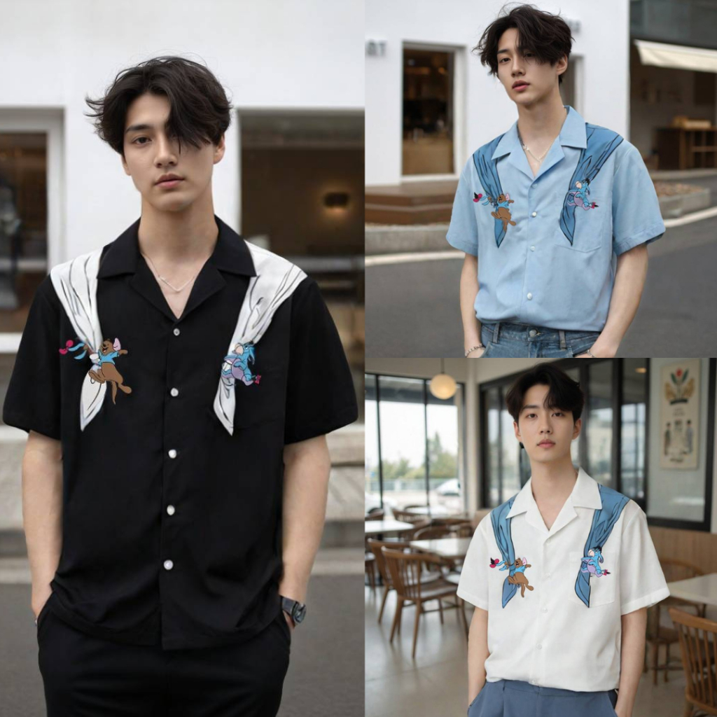 11.WOLF Hawaii Shirt  เสื้อเชิ๊ตแขนสั้นต่อลาย  Winnie-the-Pooh คอลเลคชั่น อียอร์&รู  / H289