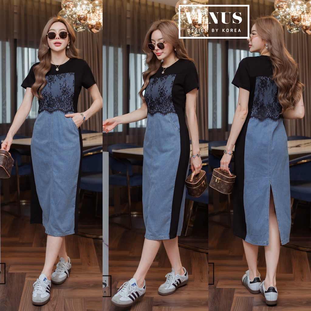 🌈🌿🌼🌺🌸💙🖤🇰🇷 Jeans Patch Cotton Lace Maxi Dress