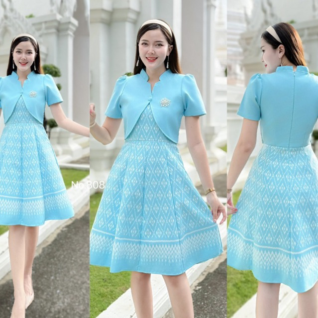 N592สุพรรณษาเดรสผ้าไทยผ้าทอลายดอกพิกุลสีฟ้า แต่งกั๊ก กระโปรงบานทรงย้วยต่อ 8 ชิ้น อัดกาวแล้ว