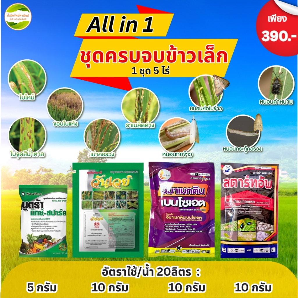 ชุดครบจบนาข้าว All in1 (1 ชุด สำหรับ 4-5 ไร่) ทั้งบำรุง แมลง เพลี้ย หนอน และเชื้อรา+หยุดเชื้อไม่ให้ลุกลาม