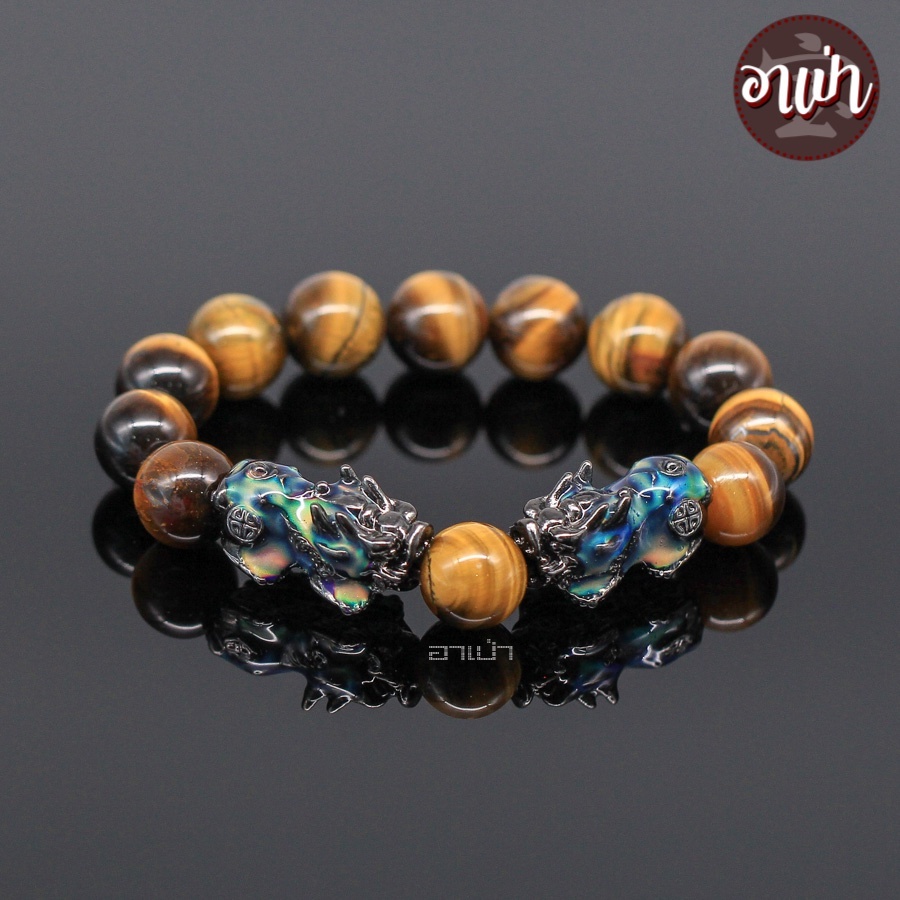 หินไทเกอร์อายส์ พลอยตาเสือ Tiger Eye ขนาด 12 มิล ปี่เซียะเปลี่ยนสีคู่ หินแท้ 100% หินตาเสือ คตไม้สัก หินสีน้ำตาล