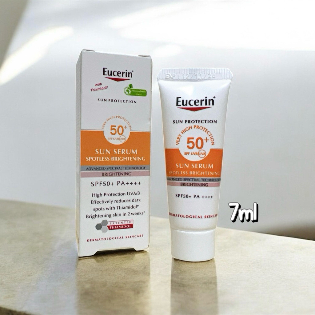 Exp12/11/26(ขนาดทดลอง)Eucerin SUN SERUM SPOTLESS BRIGHTENING SPF50+ PA++++ 7ML ยูเซอริน กันแดดสำหรับผิวหมองคล้ำ