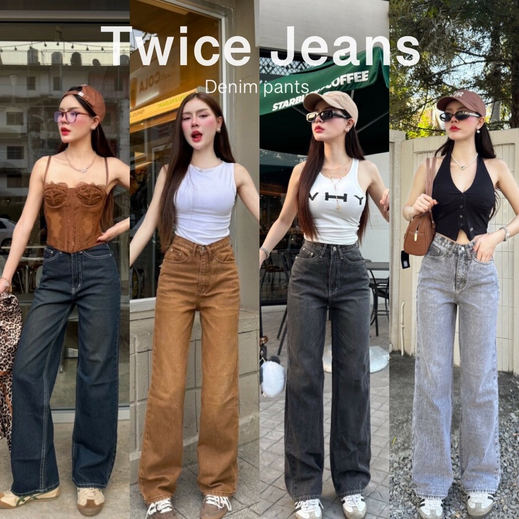 TwiceJeans กางเกงยีนส์ วินเทจ ผู้หญิง ทรงกระบอกกลาง ผ้าไม่ยืด เอวสูง [Y-AM]