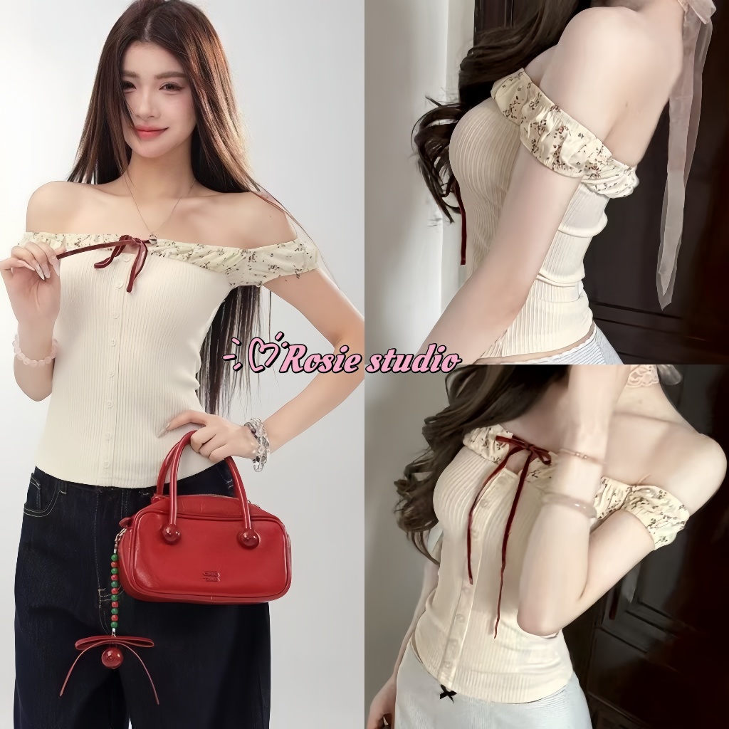 Rosie พร้อมส่ง🌷✨เสื้อยืดเสื้อปาดไหล่สวยๆผู้หญิง  มีเชือกผูกได้ เสื้อยืดโชว์ไหลลายดอกไม้ แต่งกแขนระบายเก๋ไก๋ สไตล์เกาหลี