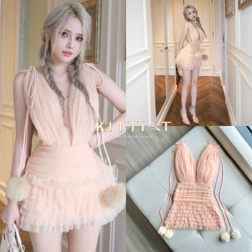 ❣️พร้อมส่ง📌 KITTI เดรสผ้าชีฟอง จับจีบ แต่งลูกตุ้มน้อย มีฟองน้ำ สวย หรู ใส่ออกงาน ปาร์ตี้ PS.CLOSET