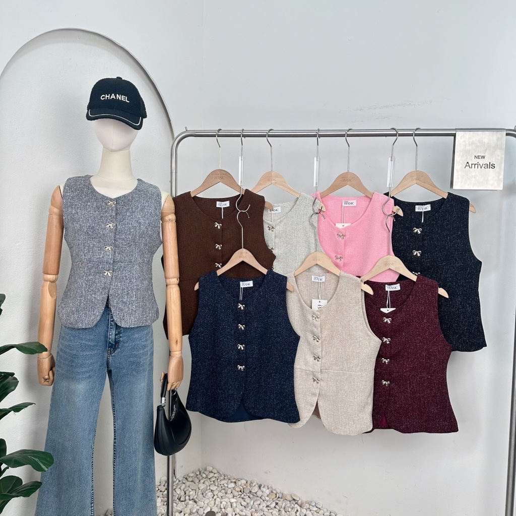 Mook_shop เสื้อVestทวิตแขนกุด แต่งกระดุมโบว์ เสื้อผ้าแฟชั่น เสื้อผ้าผู้หญิง