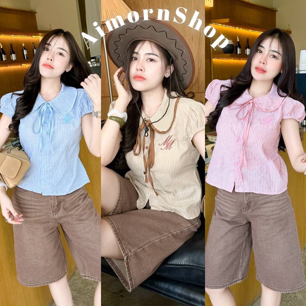 🔥aimorn_shop🔥 เสื้อแขนตุ๊กตา ทรงคอบัวผูกโบว์ กระดุมใช้ได้จริง มีเชือกผูกหลัง ดีเทลสวย