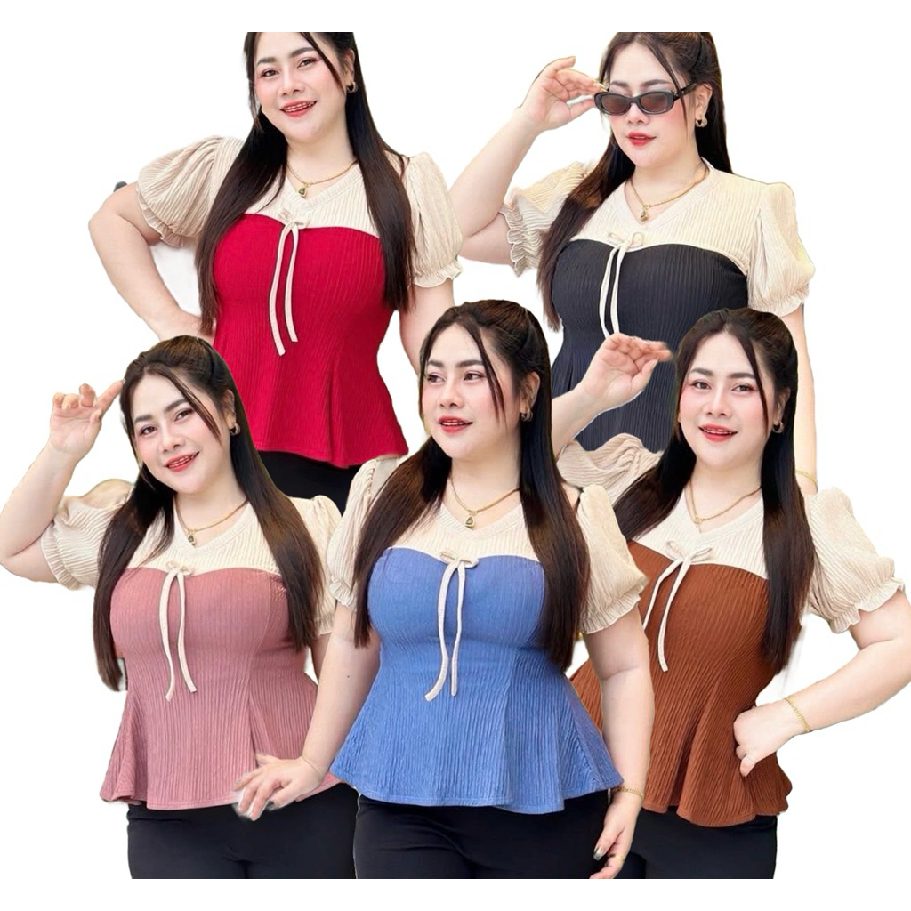 N50 เสื้อแฟชั่นสาวอวบ คอวีแขนตุ๊กตา ต่อทูโทน ชายระบาย แนะนำอก 36-44
