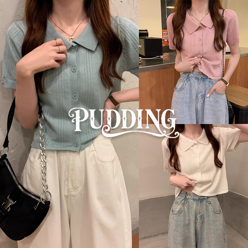 Pudding ~พร้อมส่ง~ "9169"เสื้อครอปไหมพรมคอปกแขนสั้น ผ้านิ่มใส่สบายมาก