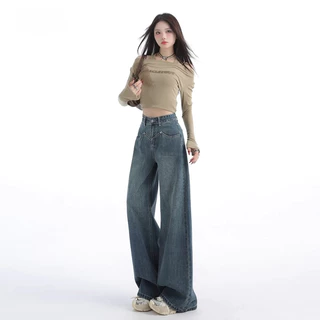 S-5XL สุภาพสตรีกางเกงยีนส์หลวมสบายๆเอวสูงตรงขนาดใหญ่ย้อนยุคสีฟ้า