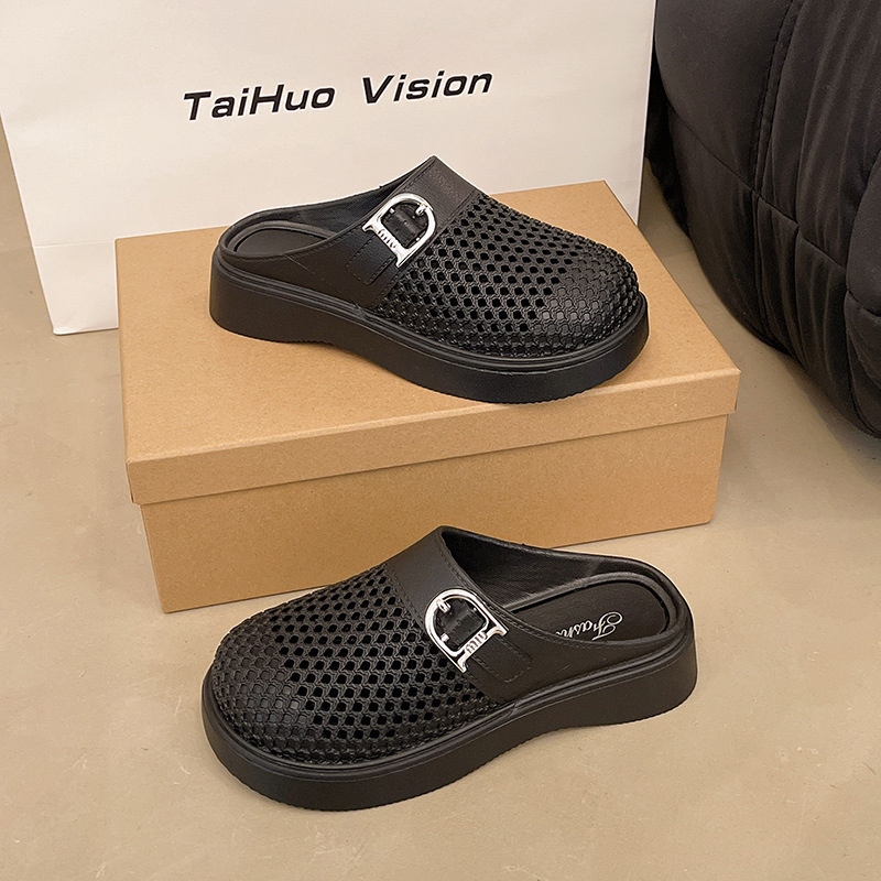 Beemory พื้นหนาเพิ่มความสูงทนทาน รองเท้าแตะแฟชั่นดีไซน์หัวปิดถักลายมินิมอล สวมใส่สบายให้ความรู้สึกสบายเท้า - รูปที่ 4